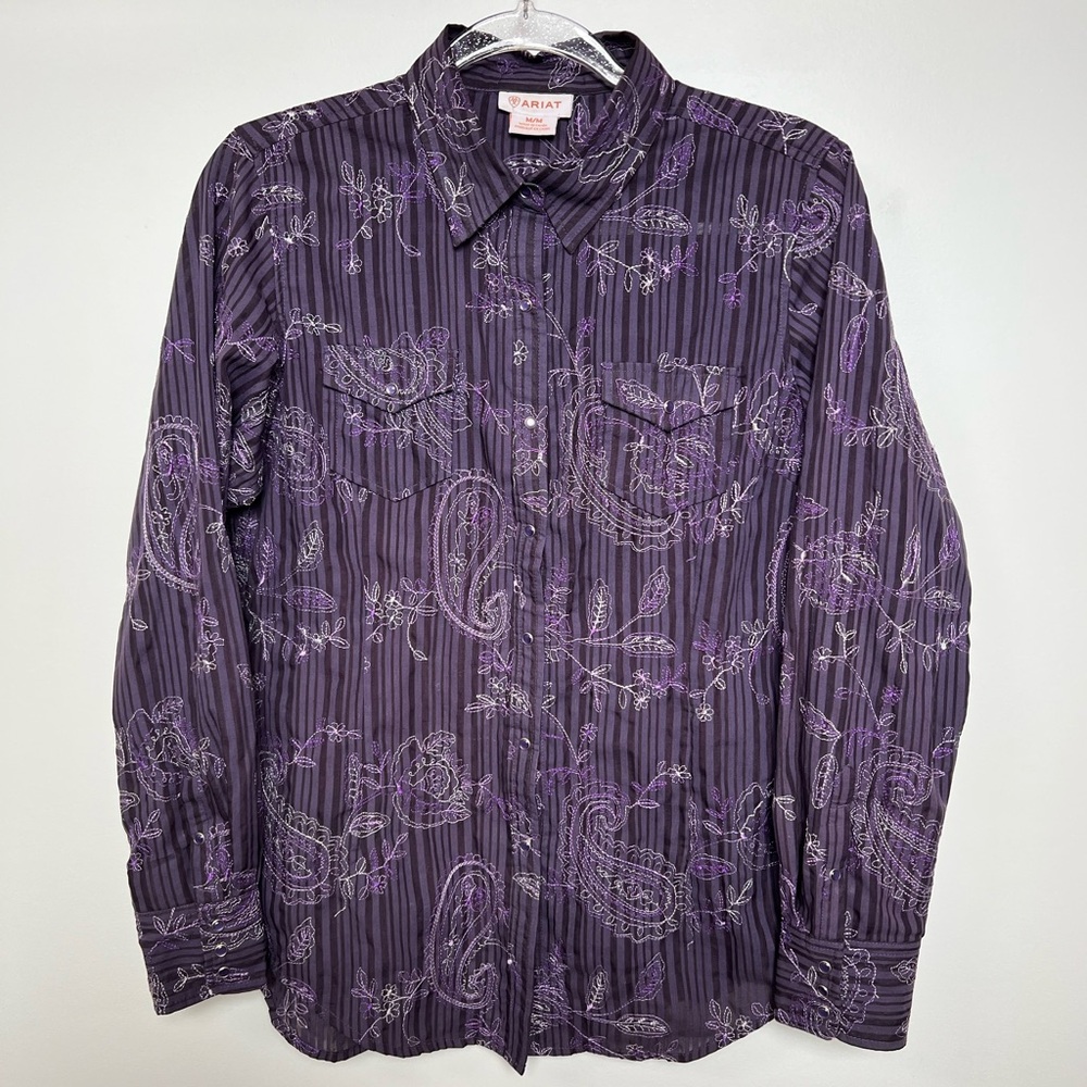 Ariat Purple Pearl Snap Shirt with Floral Paisley Embroidery